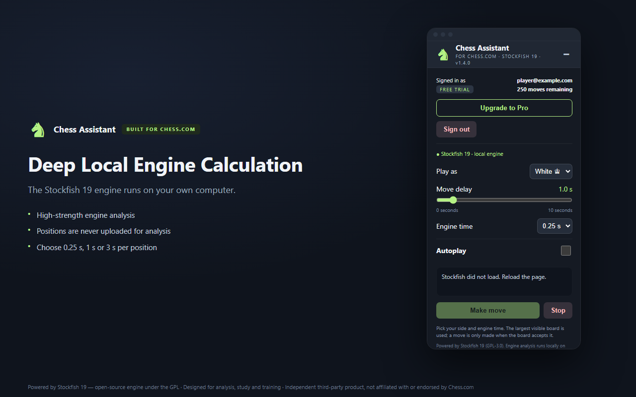 Store screenshot: deep local engine calculation, showing the bundled Stockfish 19 engine.